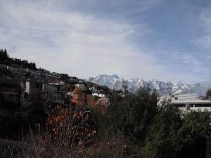 The view from Taylor's back balcony, facing the snow-covered&nbsp;Remarkables mountain range.